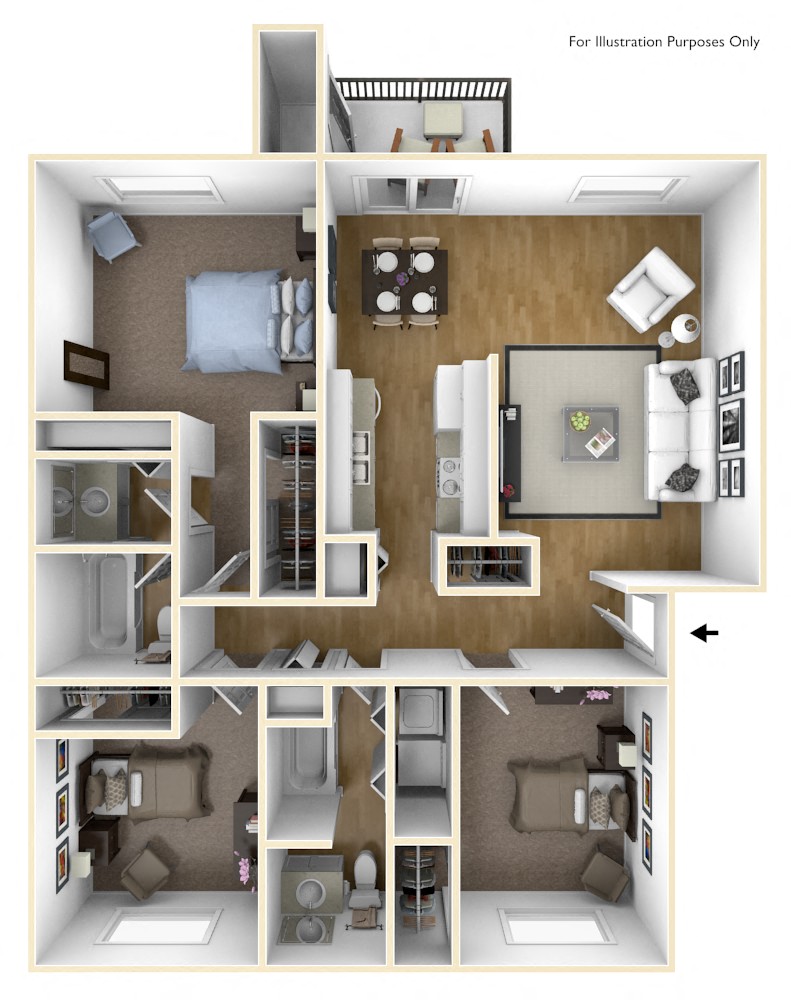 Floor plan for 3 beds, 2 baths, 1190 sqft